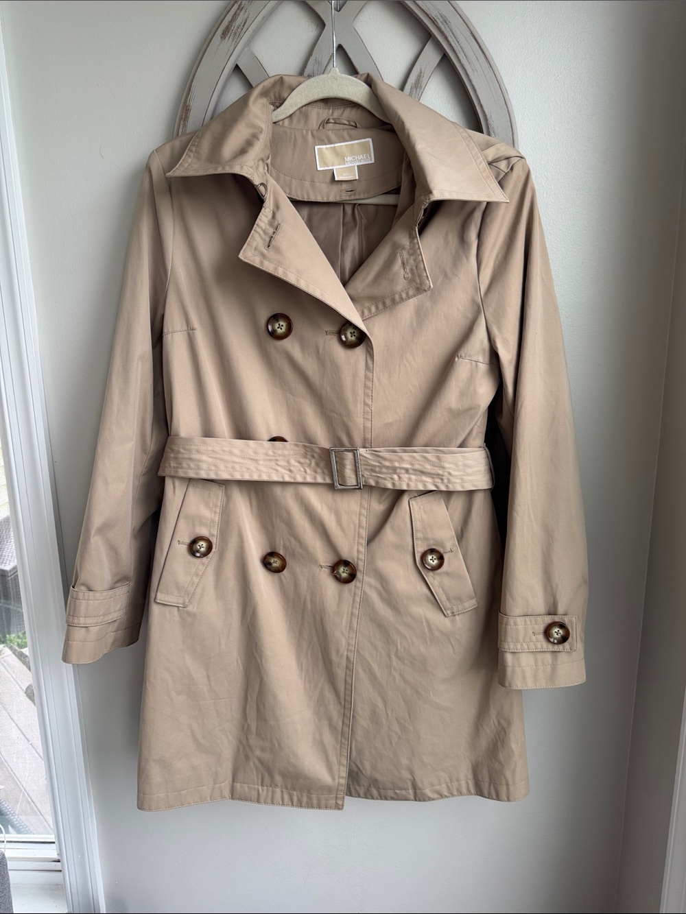 Michael Kors double-breasted hooded trench coat khaki/tan missing winter liner M